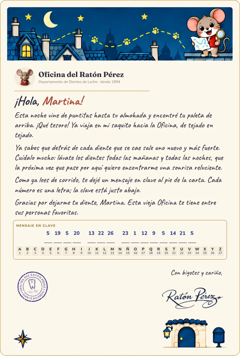 Carta de 7 o más años del Ratón Pérez para Martina: franja de tejados, texto de la carta, mensaje en clave con la tabla para descifrarlo, sello y firma