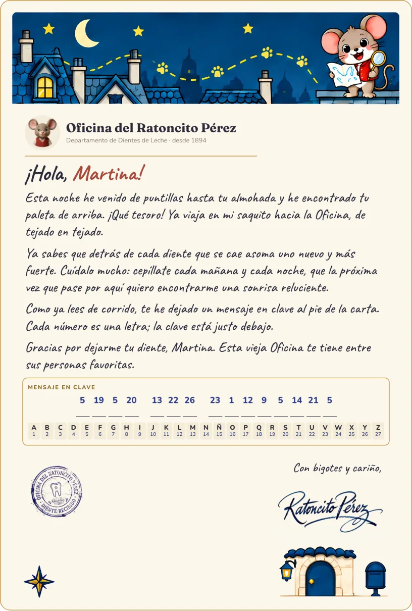 Carta de 7 o más años del Ratoncito Pérez para Martina: franja de tejados, texto de la carta, mensaje en clave con la tabla para descifrarlo, sello y firma
