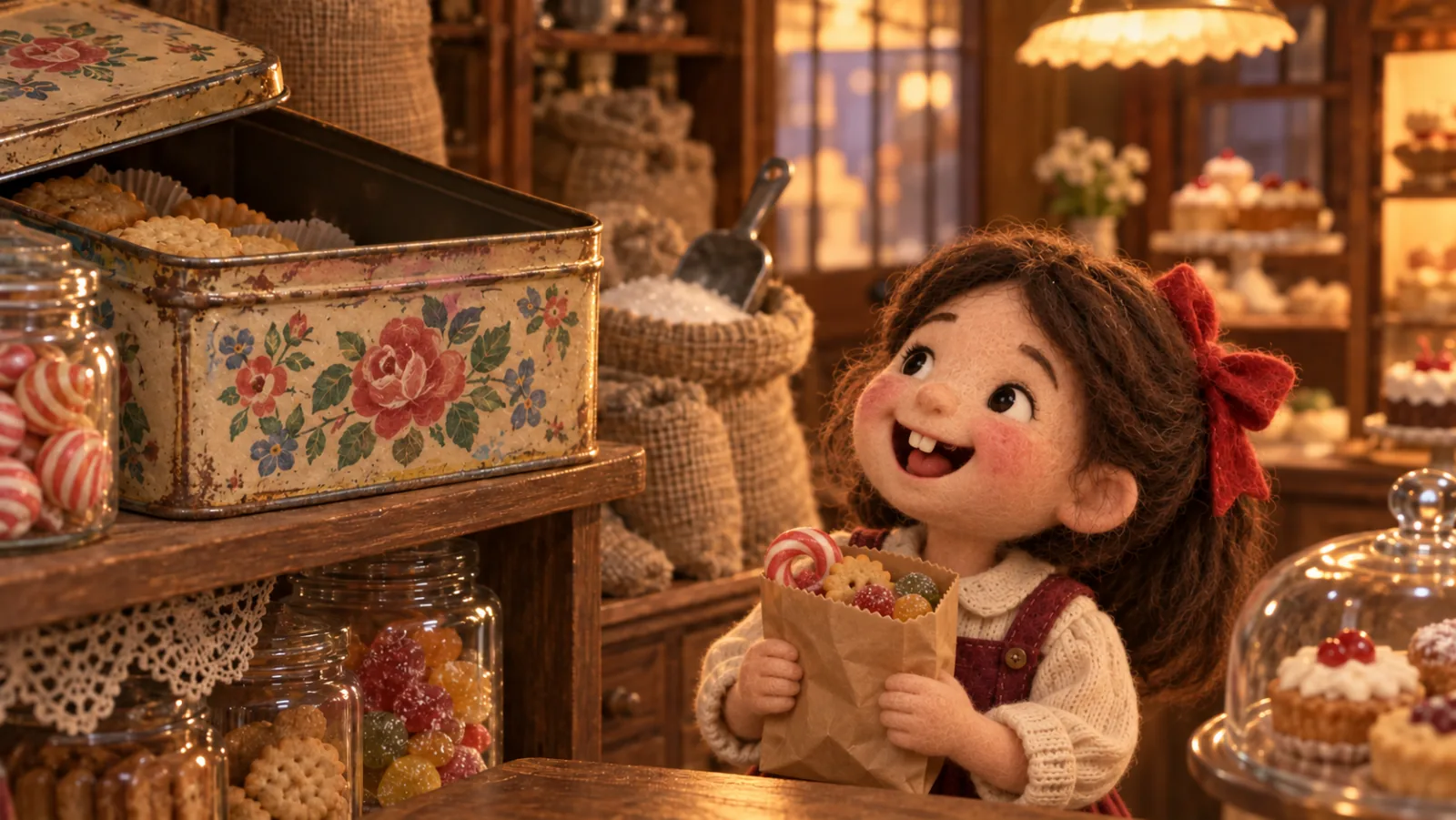 Una niña sonríe en la confitería con una bolsa de caramelos.