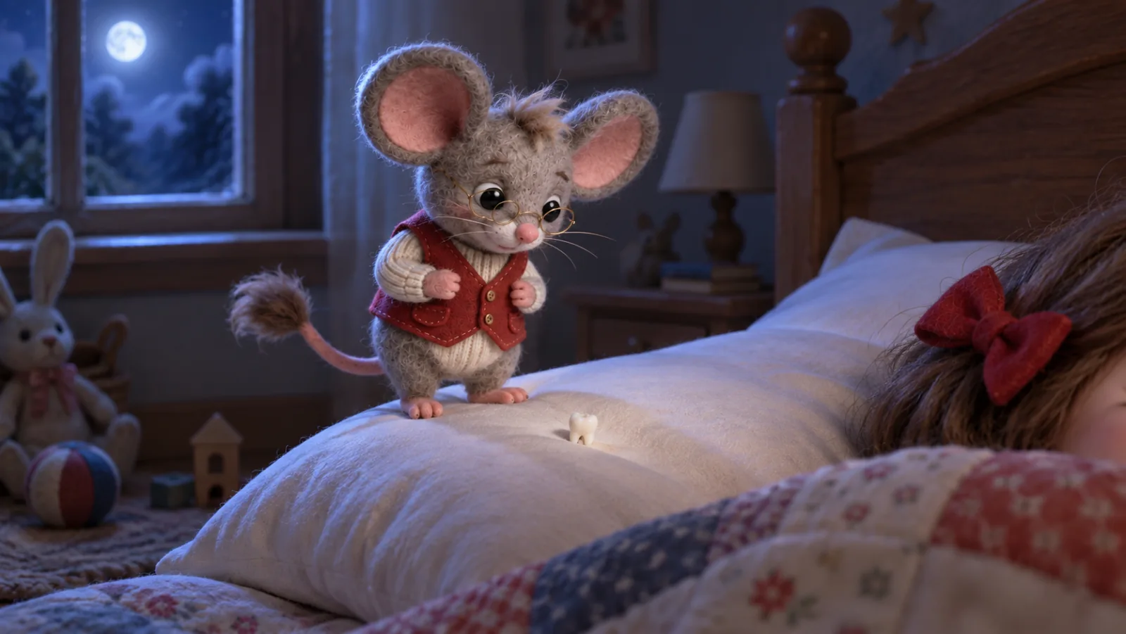 El Ratón Pérez, de pie sobre la almohada de una niña dormida, a la luz de la luna.