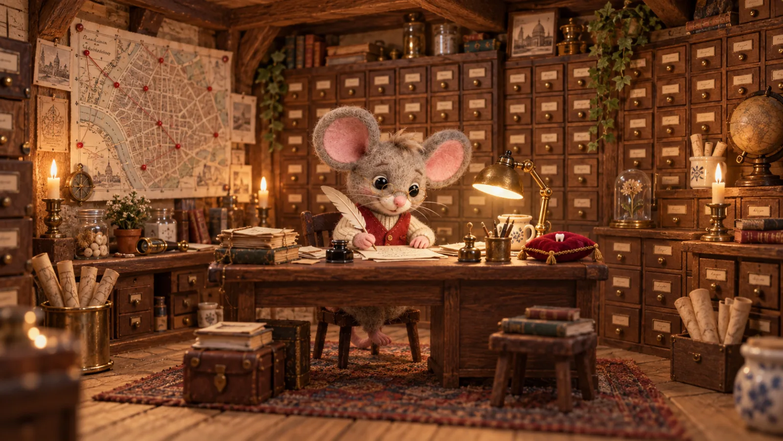 El Ratón Pérez en su escritorio de la Oficina, con un mapa y cajoncitos en la pared.