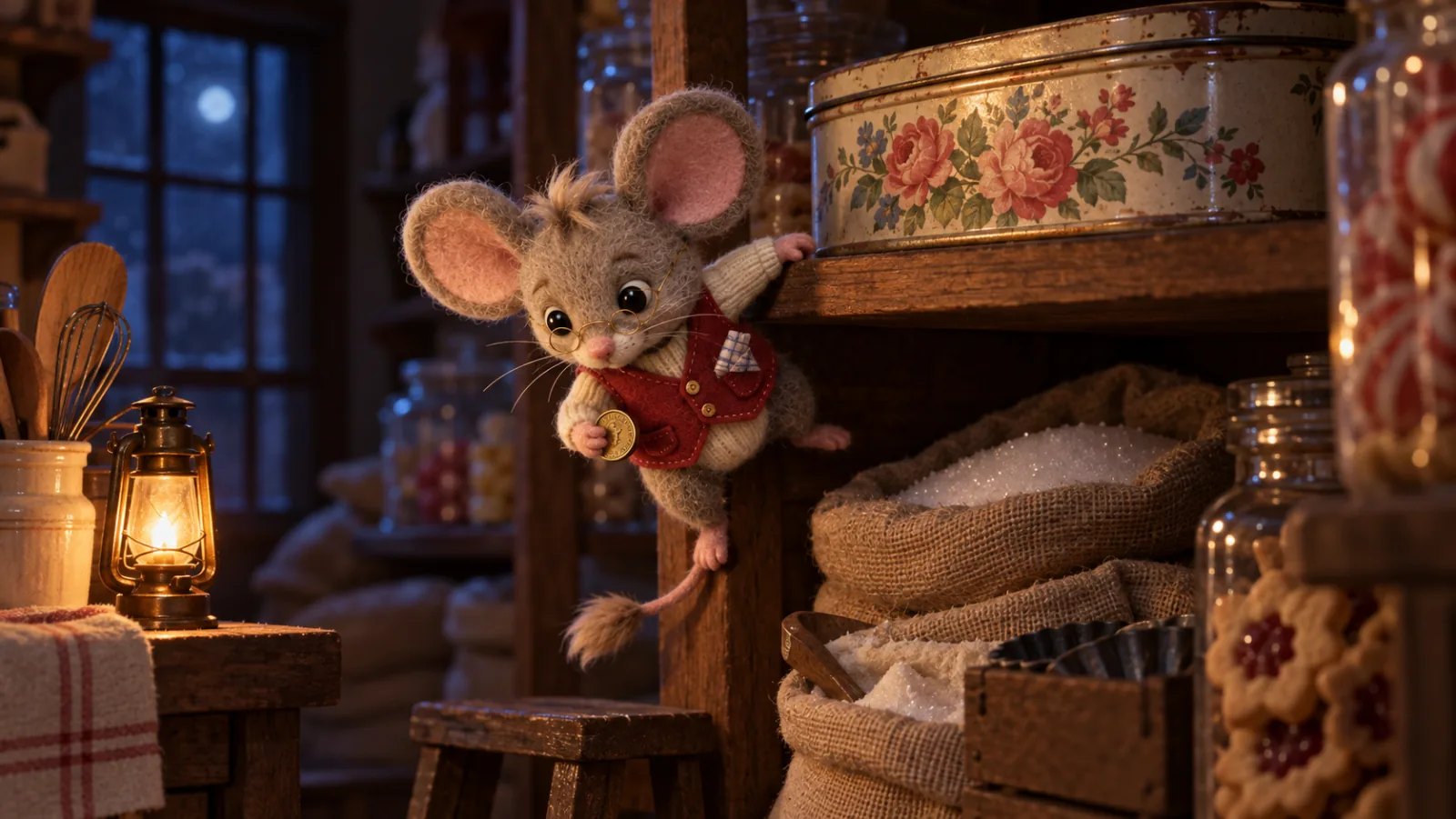 El Ratón Pérez salta de un estante de la confitería, de noche, junto a la caja de galletas.