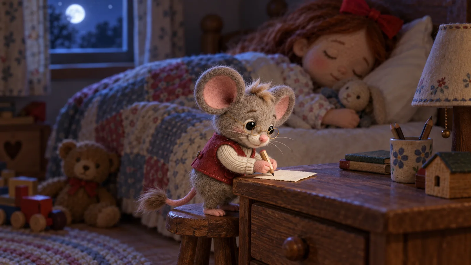 El Ratón Pérez escribe una nota en la mesita, junto a la cama de la niña dormida.