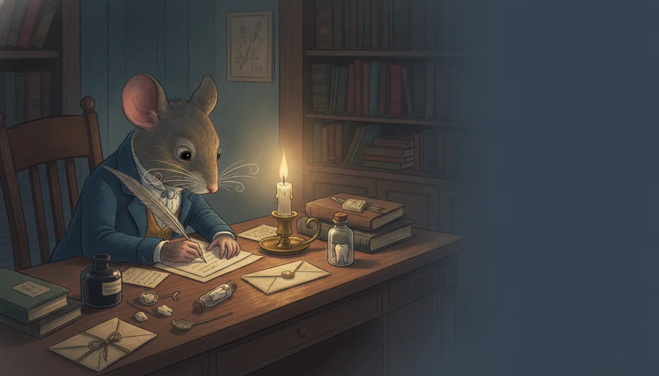 Ilustración de cuento: un ratón con levita y bigotes escribe una carta con pluma a la luz de una vela, en un despacho lleno de sobres y frascos con dientes de leche.