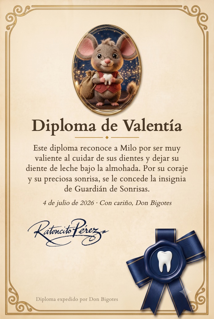 Diploma de Valentía de la Oficina del Ratoncito Pérez, personalizado con el nombre del niño