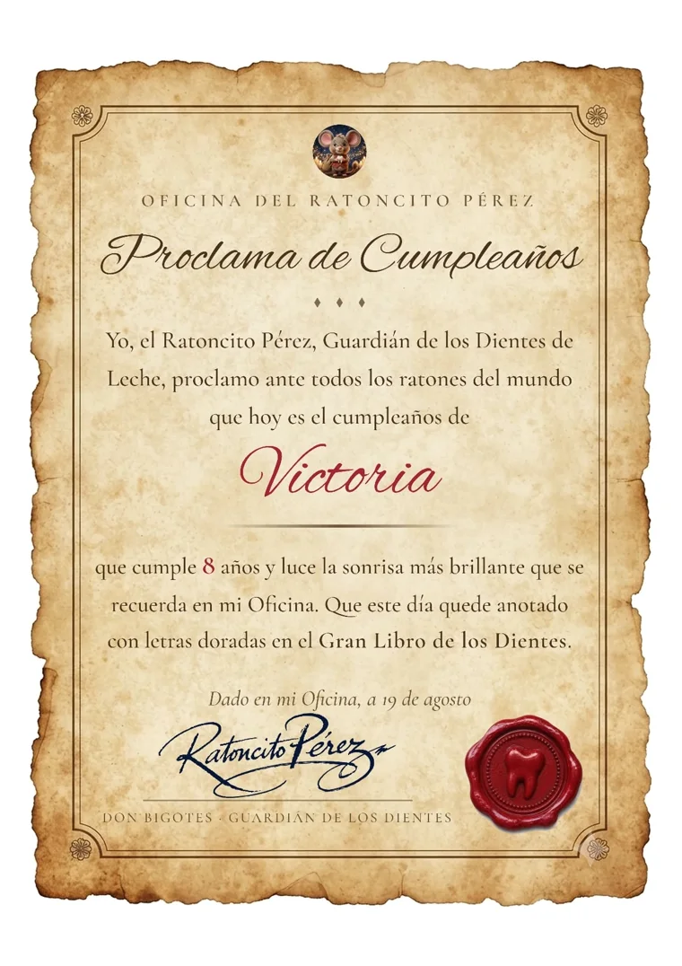 Pergamino conmemorativo de cumpleaños del Ratoncito Pérez, con el nombre del niño, la firma del Ratoncito y su sello de lacre