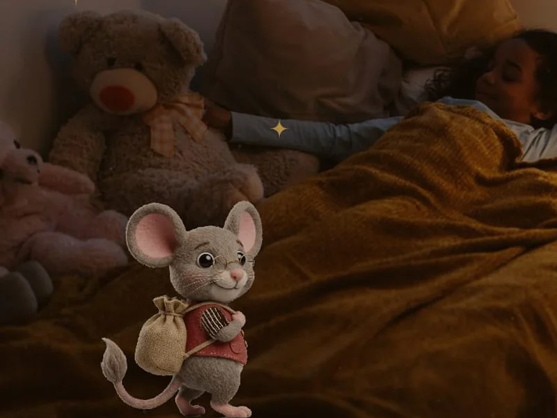 Fotomontaje del Ratoncito Pérez sorprendido junto a una niña dormida